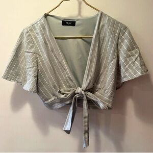 Green and White Striped Shirt with Front Tie Size M